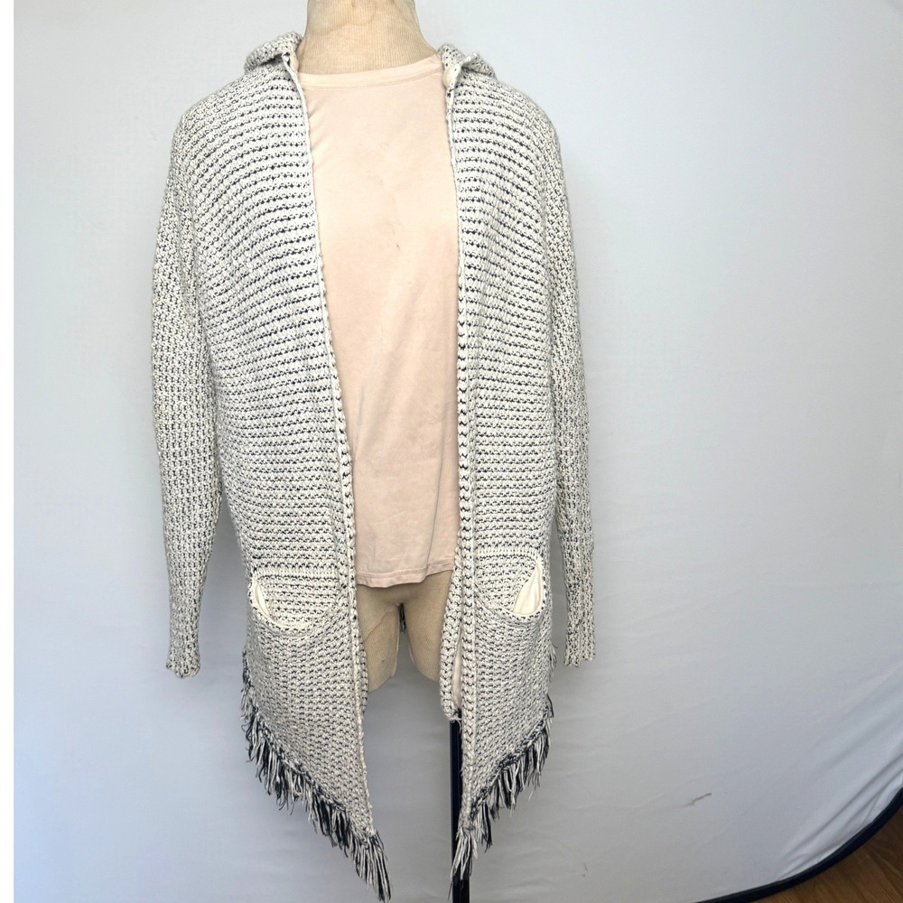 Free People Hooded Cardigan Sweater Black White Marled Fringe Pockets XS